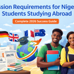 Admission requirements for Nigerian students studying abroad in 2026 showing passport, IELTS, proof of funds, and international destinations.