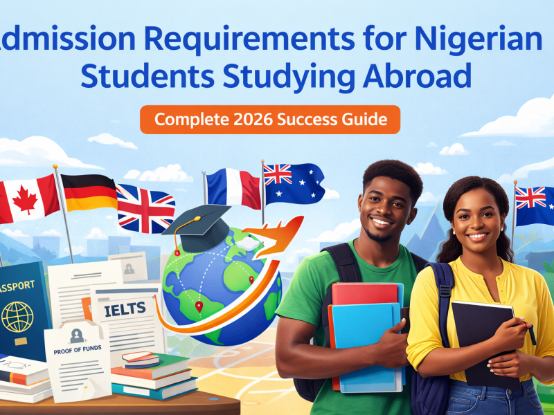Admission requirements for Nigerian students studying abroad in 2026 showing passport, IELTS, proof of funds, and international destinations.