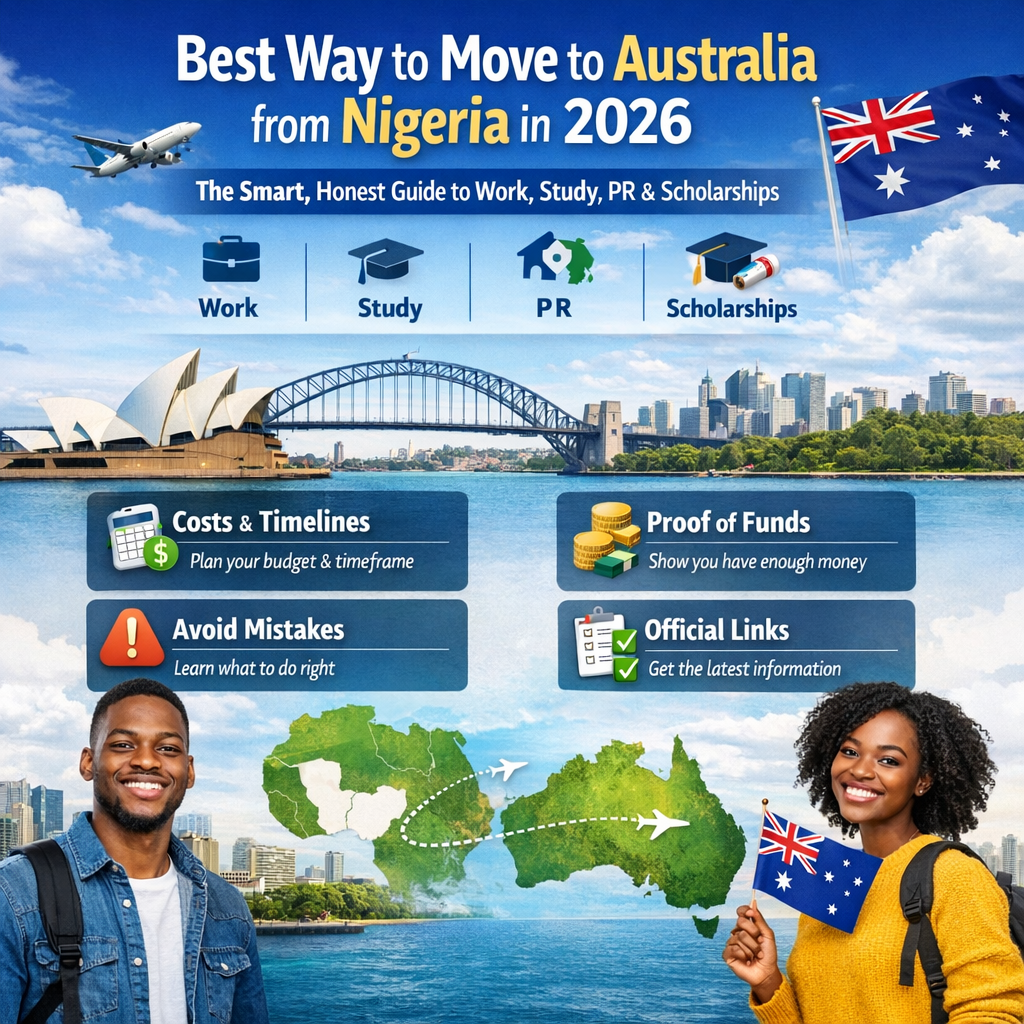 Best Way to Move to Australia from Nigeria in 2026 - Confident young Nigerian professional standing at Sydney Harbour with Opera House in background, holding Australian visa approval letter and passport for work, study, PR and scholarships guide