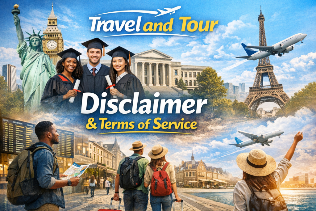 Travel and Tour Nigeria Disclaimer & Terms of Service banner with students, travelers, and global landmarks