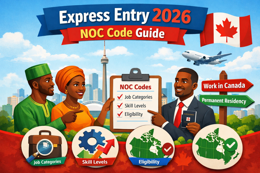 Express Entry 2026 NOC Code Guide infographic with Nigerian applicants and Canada skyline