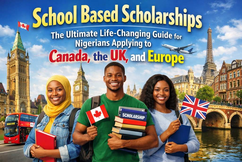 School Based Scholarships guide for Nigerians applying to Canada, the UK and Europe – students holding books with country landmarks
