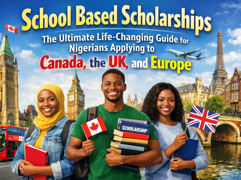 School Based Scholarships guide for Nigerians applying to Canada, the UK and Europe – students holding books with country landmarks