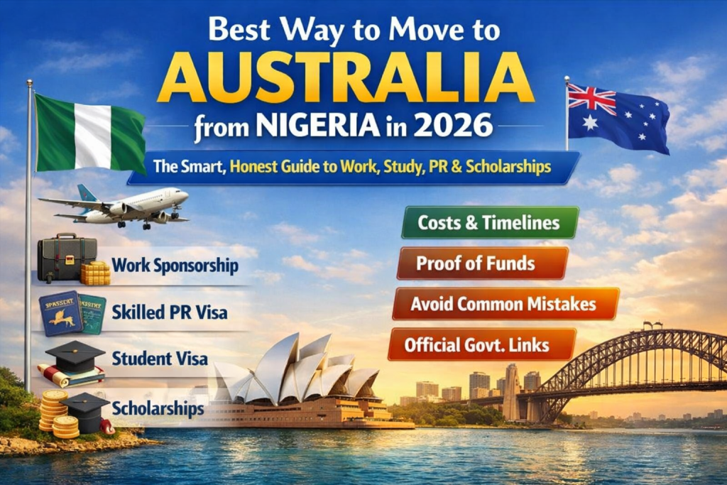 Best Way to Move to Australia from Nigeria in 2026 - Confident young Nigerian professional standing at Sydney Harbour with Opera House in background, holding Australian visa approval letter and passport for work, study, PR and scholarships guide