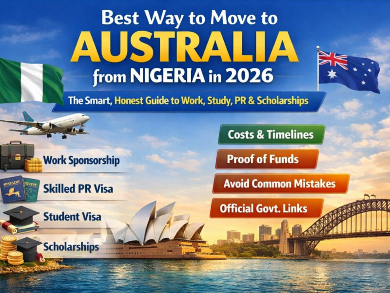 Best Way to Move to Australia from Nigeria in 2026 - Confident young Nigerian professional standing at Sydney Harbour with Opera House in background, holding Australian visa approval letter and passport for work, study, PR and scholarships guide
