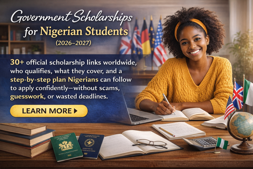 Government Scholarships for Nigerian Students 2026–2027 banner with student and study abroad flags