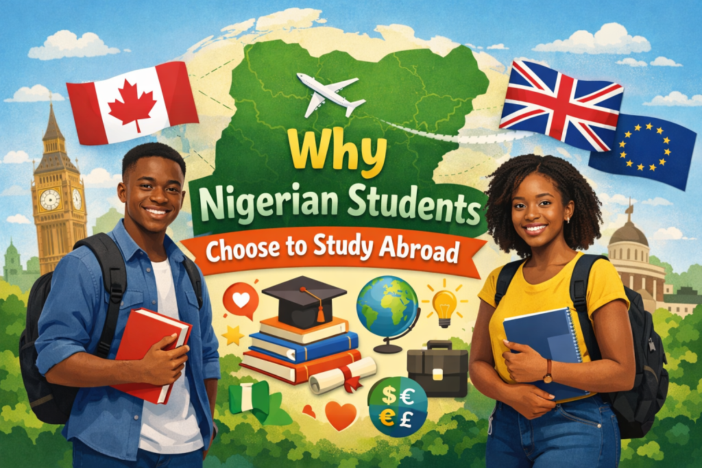 School-Based Scholarships banner showing Nigerian students with Canada, UK and EU flags, a Nigeria map, and study abroad icons.