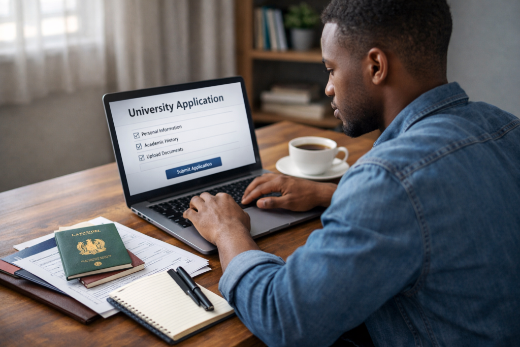 alt="How to Apply to Foreign Universities from Nigeria – Nigerian student preparing university application documents on laptop"
