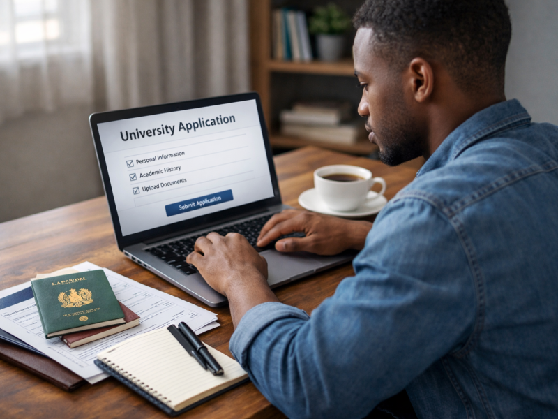 alt="How to Apply to Foreign Universities from Nigeria – Nigerian student preparing university application documents on laptop"