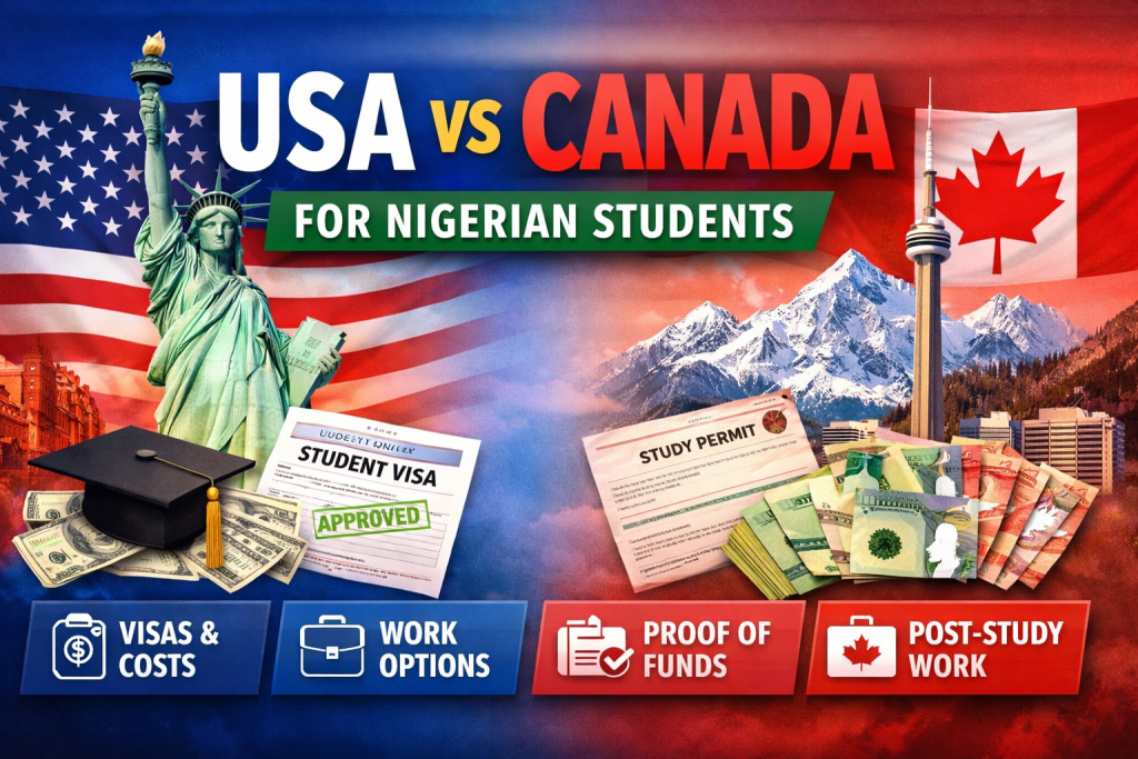USA vs Canada for Nigerian students comparing student visas, study costs, proof of funds, and post-study work options