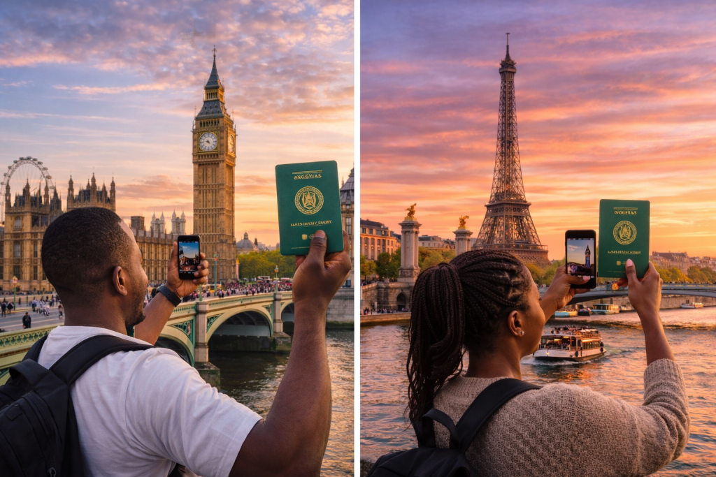 Nigerian tourists holding Nigerian passports and taking pictures in London and Paris at sunset in a landscape travel image
